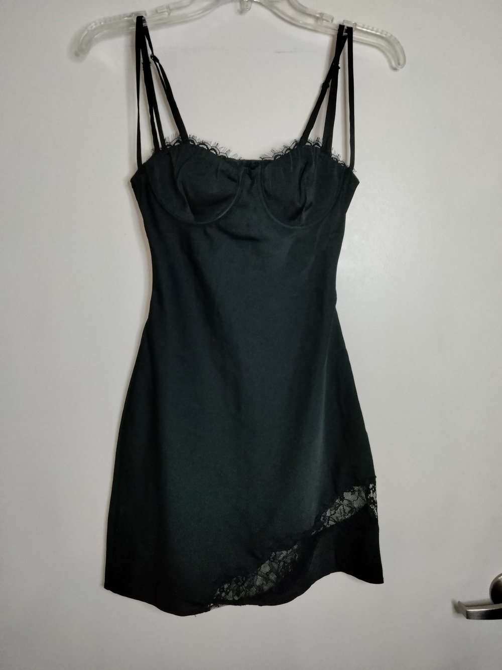 Meshki (Size XS) Black Joslyn Satin Adjustable Straps Slip Dress with Lace Trim